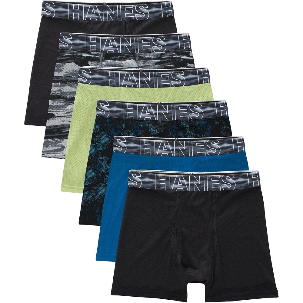 image:imageHanes Boys Moves Performance Underwear Boxer Brief 6pack All Over Mesh Moisture Wicking Boxer BriefsBlackBlueGreenGrey 6 Pack