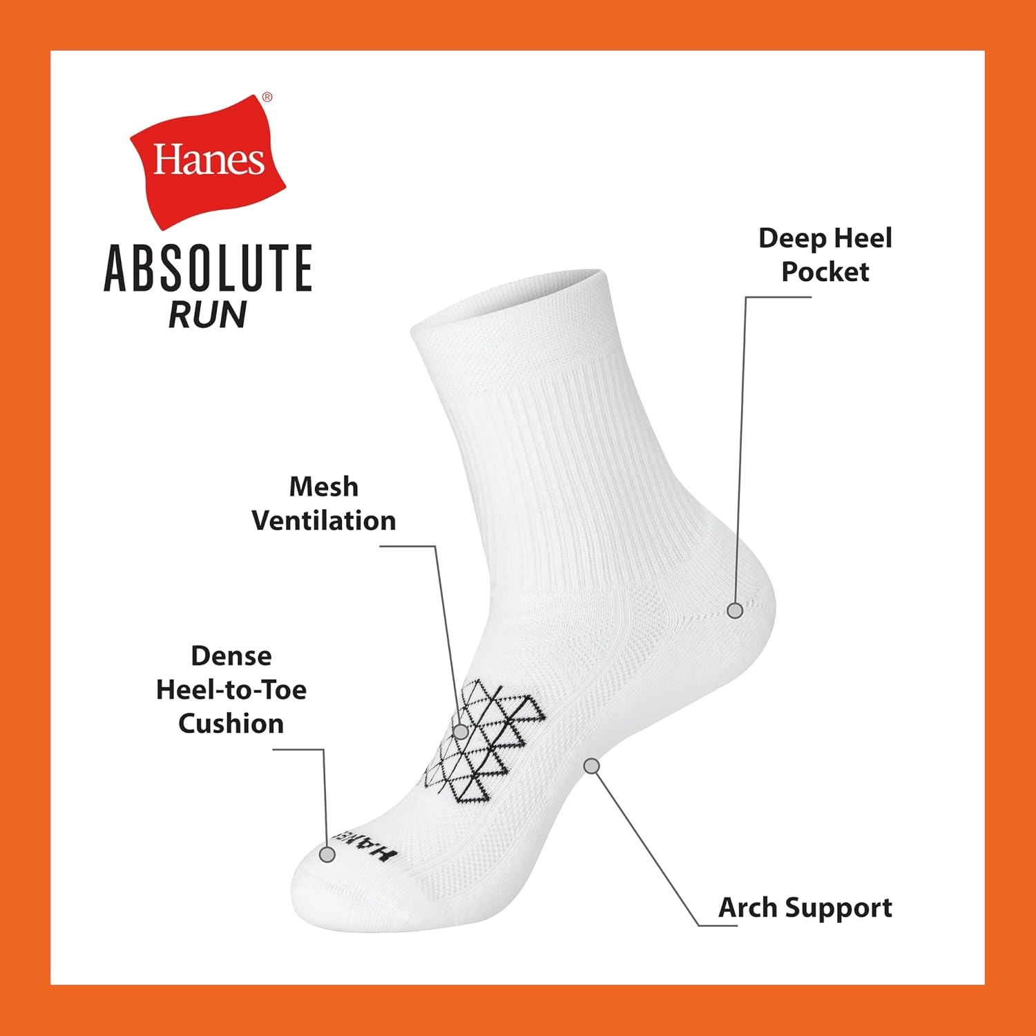 image:imageHanes Mens Socks Pack 4pair Pack Absolute Run Cushioned Heelshield Tab Moisturewicking Mens SocksGrayWhiteBlack Mid Crew