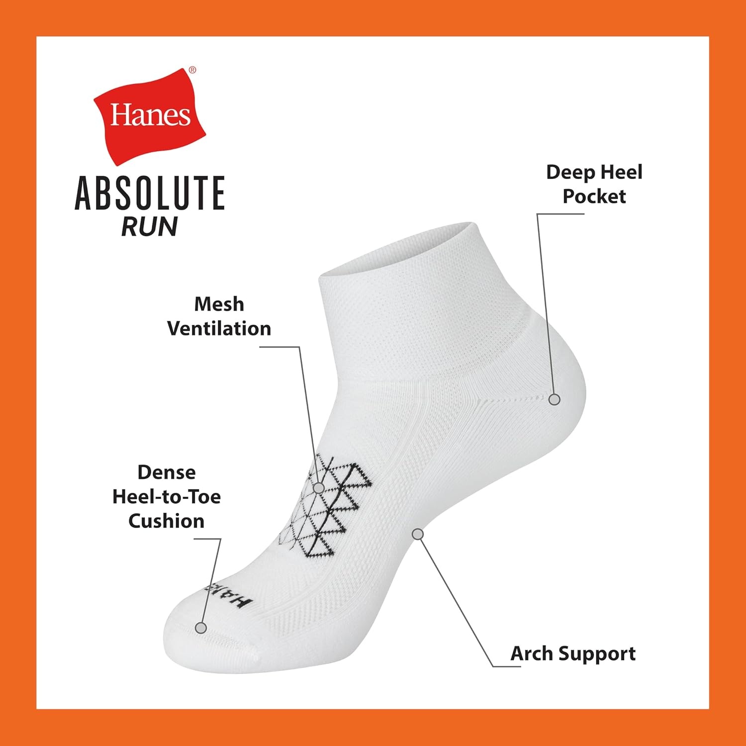 image:imageHanes Mens Socks Pack 4pair Pack Absolute Run Cushioned Heelshield Tab Moisturewicking Mens SocksWhite Ankle