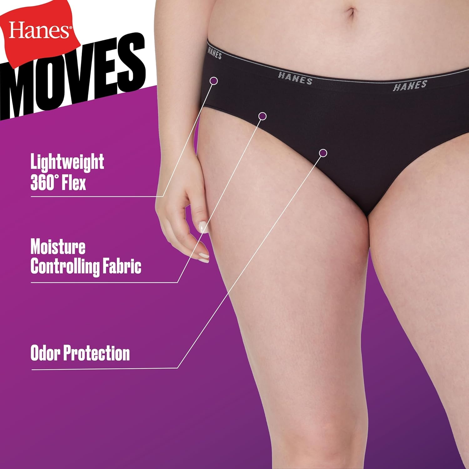 image:imageHanes Womens Moves Underwear 360 Flex Stretch Panties Smooth amp Seamless Hipsters Bikinis Or Thongs 6pack6pk Hipster Black X3AlmondRedPink