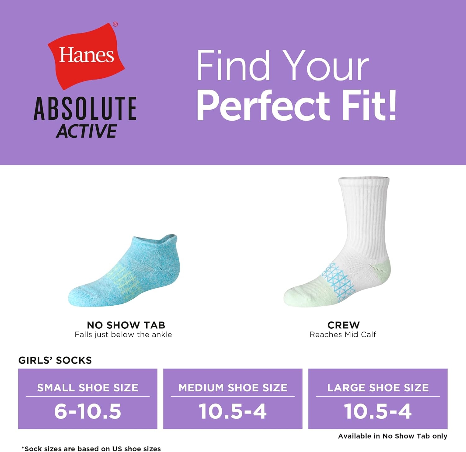 image:imageHanes girls Socks Pack Ankle Crew No Show 6 Pairs Absolute Active Cushioned Ankle Socks for GirlsWhitePurple No Show