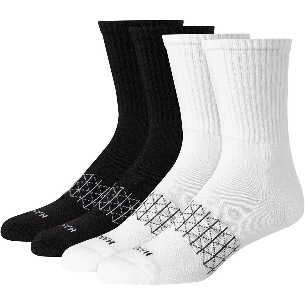 image:imageHanes Mens Socks Absolute Comfort Cushioned Moisturewicking Seamless Toe 4 Pack Ankle Crew and Heel Shield SocksWhite Black Crew