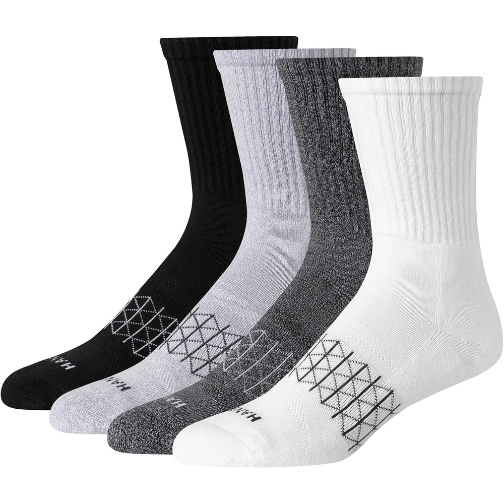 image:imageHanes Mens Socks Absolute Comfort Cushioned Moisturewicking Seamless Toe 4 Pack Ankle Crew and Heel Shield SocksWhiteBlackGray Crew