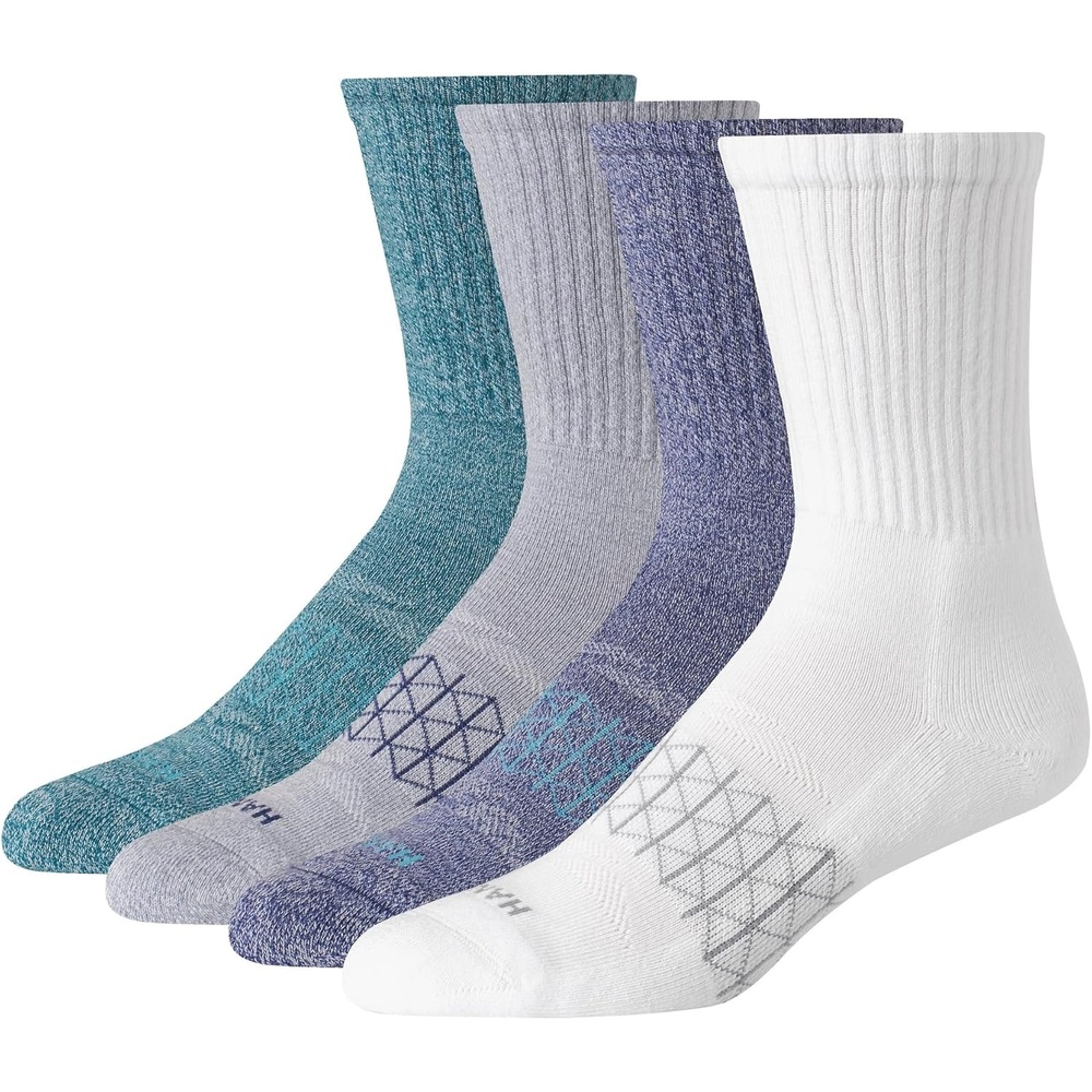 image:imageHanes Mens Socks Absolute Comfort Cushioned Moisturewicking Seamless Toe 4 Pack Ankle Crew and Heel Shield SocksWhiteBlue Crew