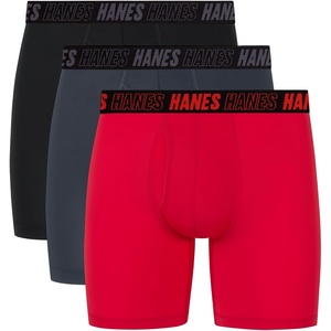 Hanes Men’s Moves Performance Boxer Brief, Total Support Pouch, Regular, Trunk, and Long Leg, 3-pack(Red/Grey/Black)