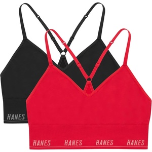 Hanes Women’s Moves Seamless Triangle Wireless Bra, 360° Flex Light Support Pullover Bra, Odor Control, 2-Pack(Black/Glimmer Red)