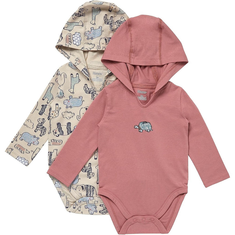 image:imageHanes Baby Pure Comfort Long Sleeve Hoodie Bodysuits Infant Bodysuits Unisex 3packBeigeRust