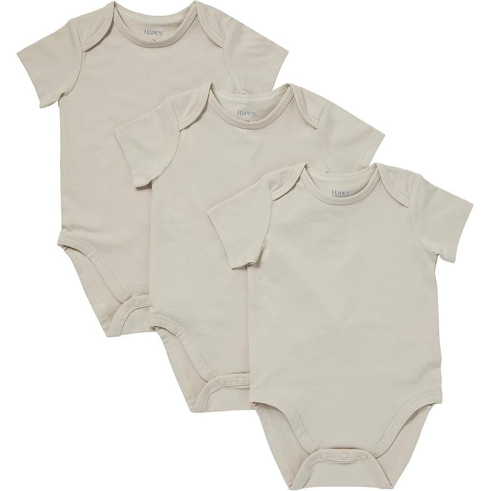 image:imageHanes Baby Pure Comfort Short Sleeve Bodysuits Infant Bodysuits Boys amp Girls 3packMushroom Beige