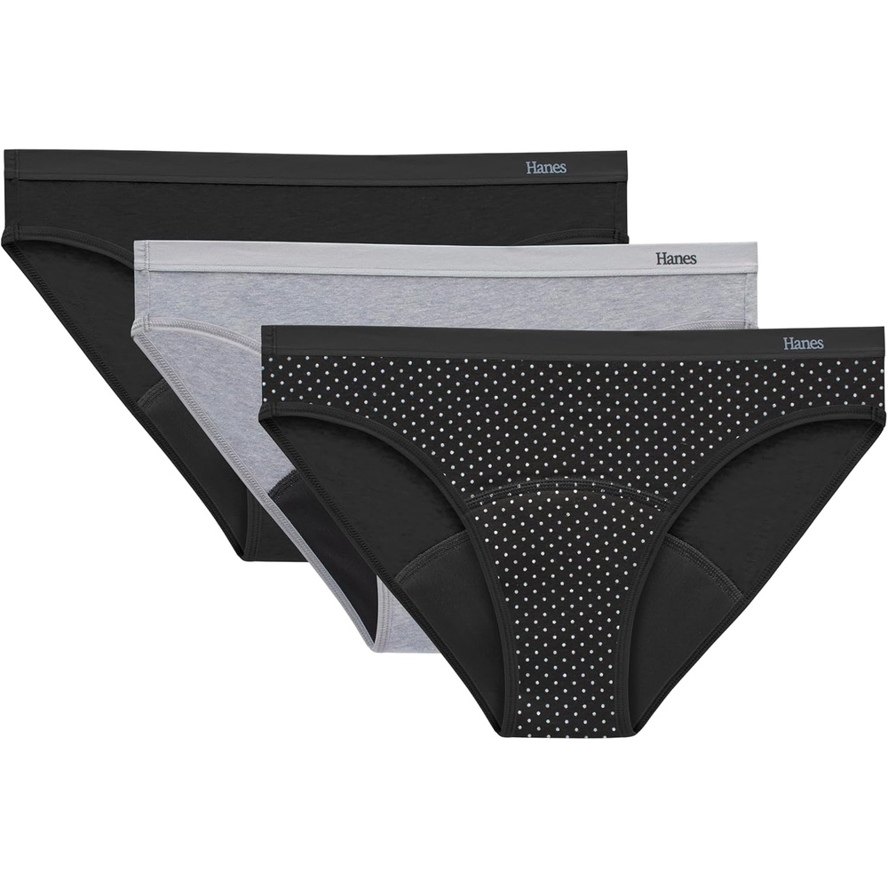 image:imageHanes Womens Comfort Period Underwear Bikini Period Underwear Super Leaks Period Underwear 3pack3pack Bikinis BlackDot PrintConcrete Heather