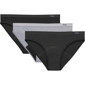 Hanes Women’s Comfort, Period. Underwear, Bikini Period Underwear, Super Leaks Period Underwear, 3-pack(3-pack Bikinis  Black/Dot Print/Concrete Heather)