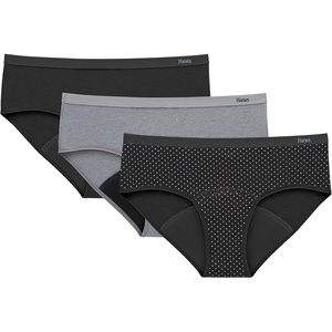 Hanes Women’s Comfort, Period. Underwear, Bikini Period Underwear, Super Leaks Period Underwear, 3-pack(3-pack Hipsters  Black/Dot Print/Concrete Heather)