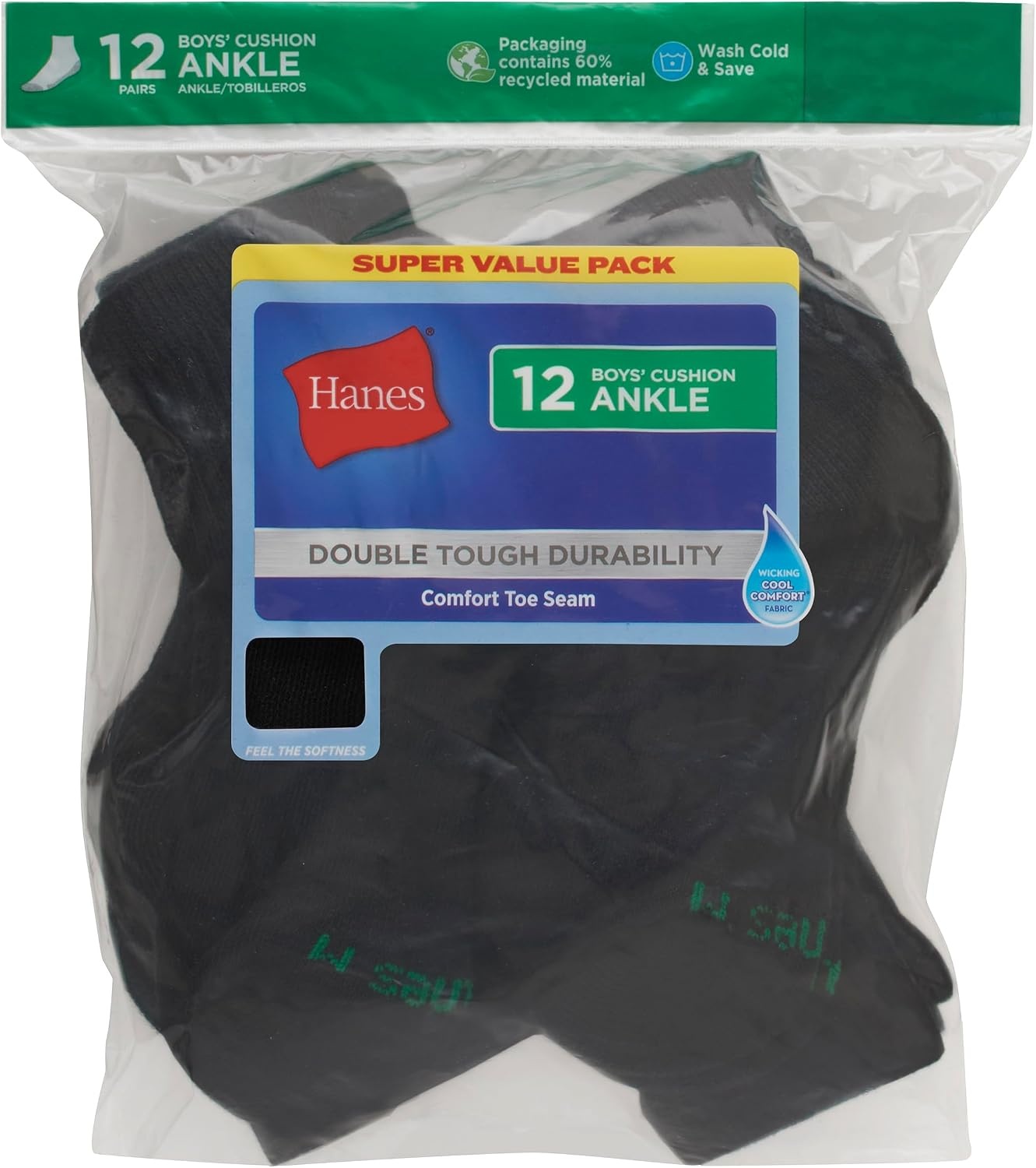 image:imageHanes Boys Socks Pack Double Tough Moisture Wicking Ankle Crew No Show Socks 12 amp 14 Pair PacksBlack Ankle 12 Pack