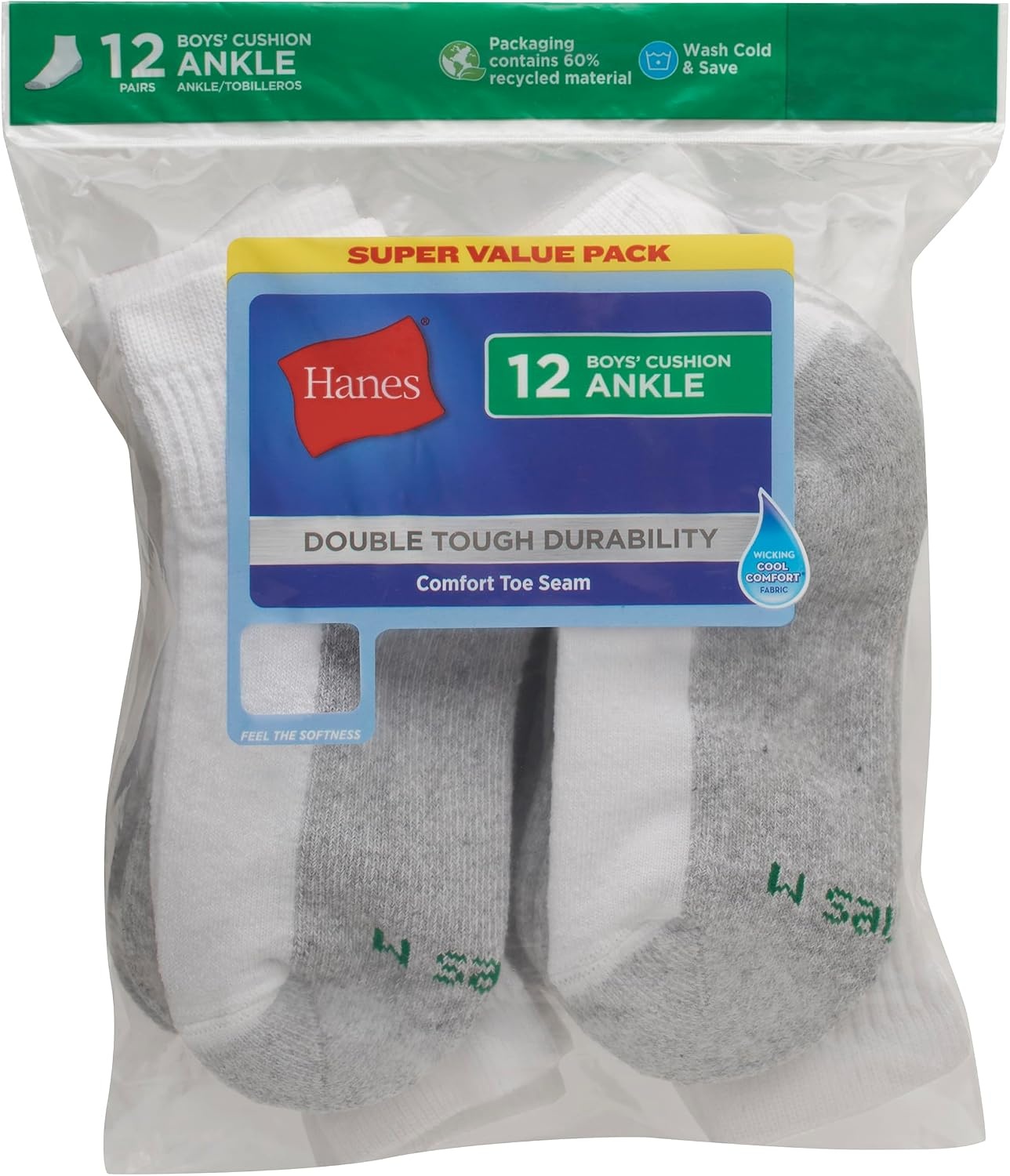 image:imageHanes Boys Socks Pack Double Tough Moisture Wicking Ankle Crew No Show Socks 12 amp 14 Pair PacksWhite Ankle 12 Pack