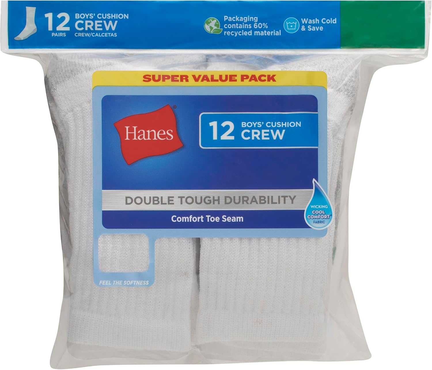 image:imageHanes Boys Socks Pack Double Tough Moisture Wicking Ankle Crew No Show Socks 12 amp 14 Pair PacksWhite Crew 12 Pack