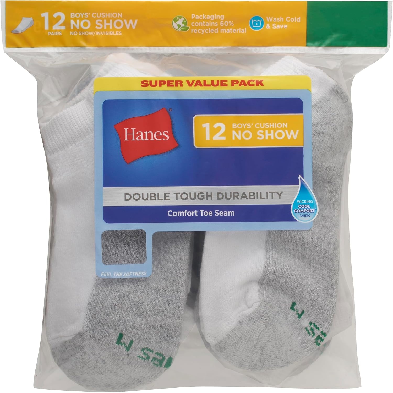 image:imageHanes Boys Socks Pack Double Tough Moisture Wicking Ankle Crew No Show Socks 12 amp 14 Pair PacksWhite No Show 12 Pack