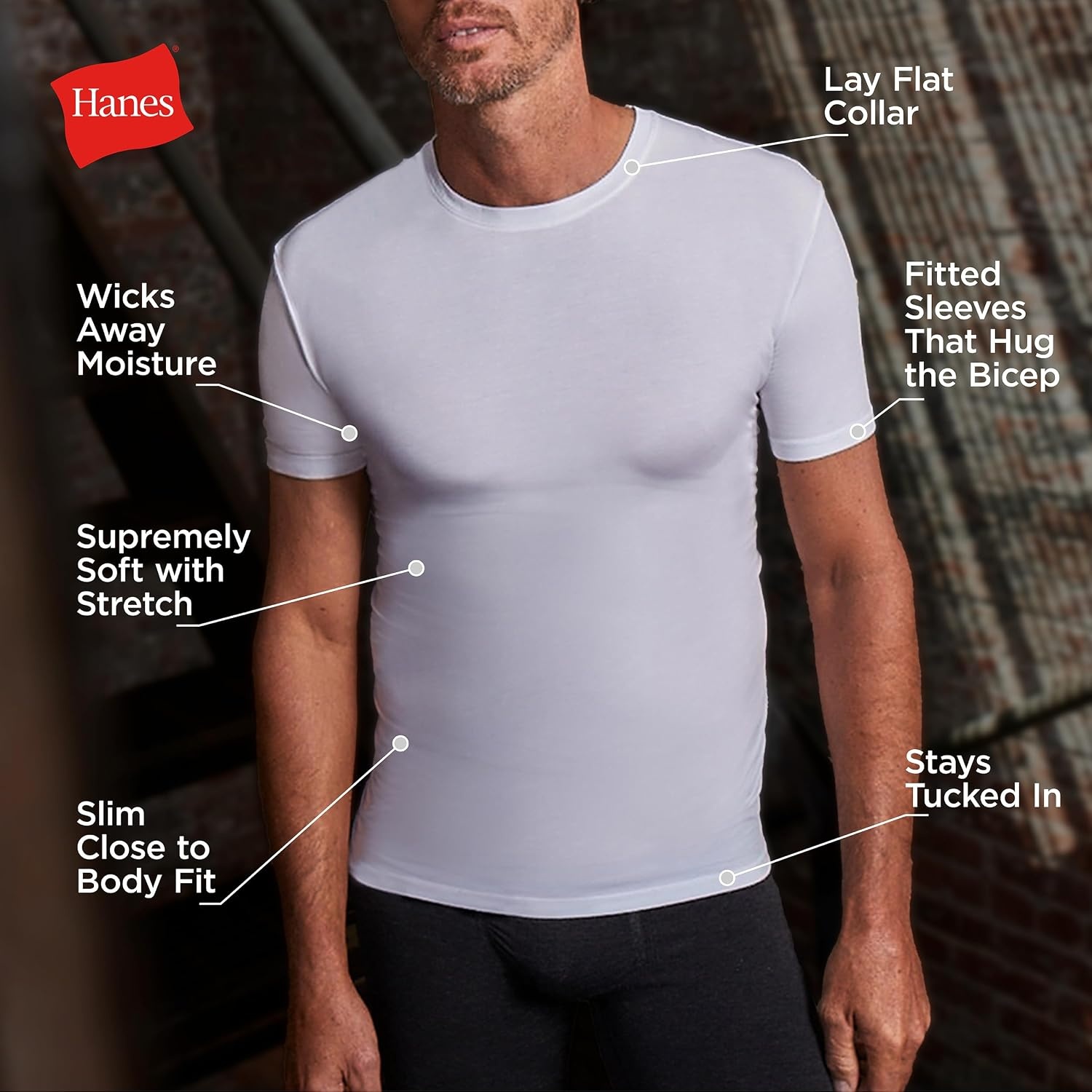 image:imageHanes Mens Perfect Flex Crewneck Tee 1Pack Stay Tucked Fitted Undershirt Slim Fit Tight on Arms White amp BlackBlack