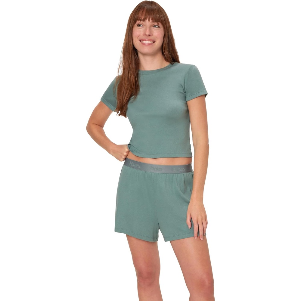 image:imageHanes Womens Originals 2piece Lounge Set Supersoft Cropped Baby Doll Tee amp Sleep Shorts Loungewear SetFaded Sage GreenFaded Sage Green