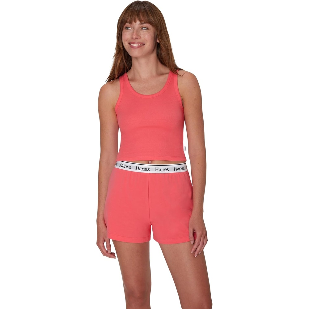 image:imageHanes Womens Originals Comfywear Rib Crop Tank and Sleep Shorts 2Piece SetPink CoralPink Coral