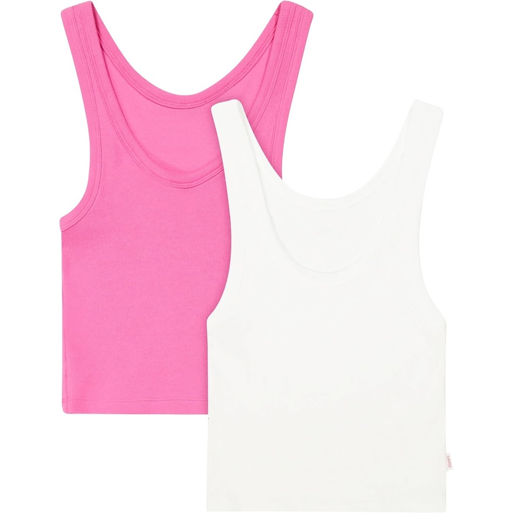 image:imageHanes Womens Originals Rib Crop Tank Top 2Pack Comfywear Stretch Cotton Cropped TopPink OleanderWhite