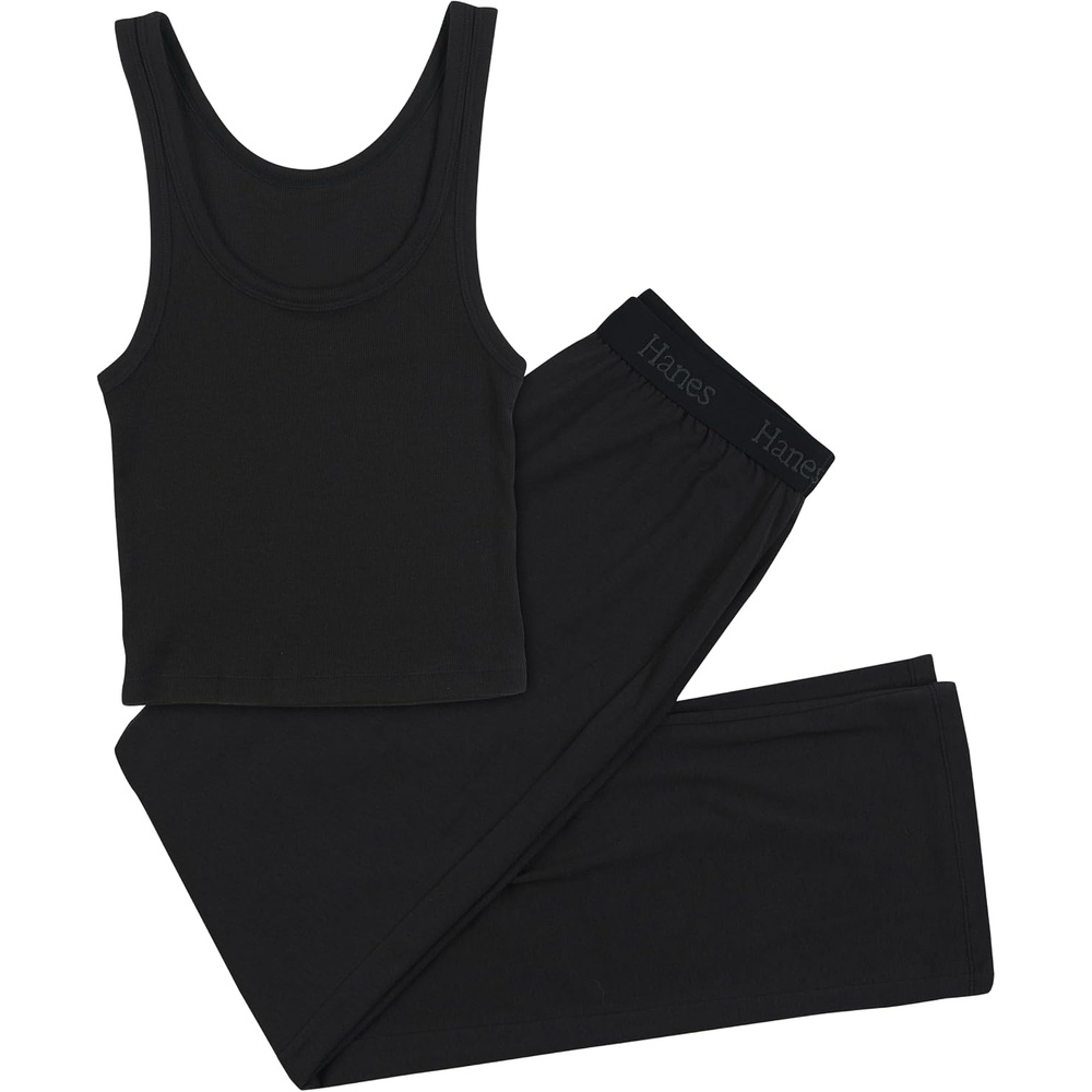 image:imageHanes Womens Originals SuperSoft Comfywear 2 Piece Crop Tank amp Lounge Pants Loungewear SetBlackBlack