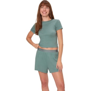 Hanes Women’s Originals 2-piece Lounge Set, Supersoft Cropped Baby Doll Tee & Sleep Shorts Loungewear Set(Faded Sage Green/Faded Sage Green)