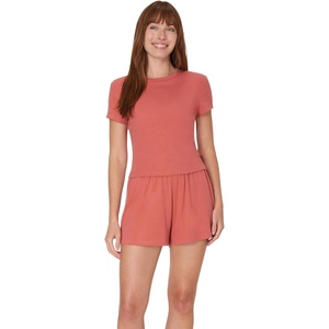 Hanes Women’s Originals 2-piece Lounge Set, Supersoft Cropped Baby Doll Tee & Sleep Shorts Loungewear Set(Natural Cedar/Natural Cedar)