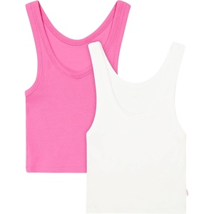 Hanes Women’s Originals Rib Crop Tank Top 2-Pack, Comfywear Stretch Cotton Cropped Top(Pink Oleander/White)