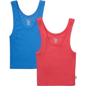 Hanes Women’s Originals Rib Crop Tank Top 2-Pack, Comfywear Stretch Cotton Cropped Top(Provence Blue/Pink Coral)
