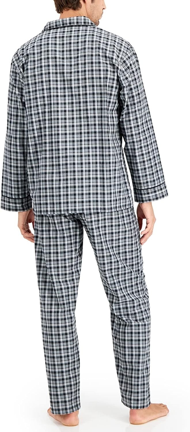 image:imageHanes Mens Woven PlainWeave Pajama SetBlackGrey Plaid