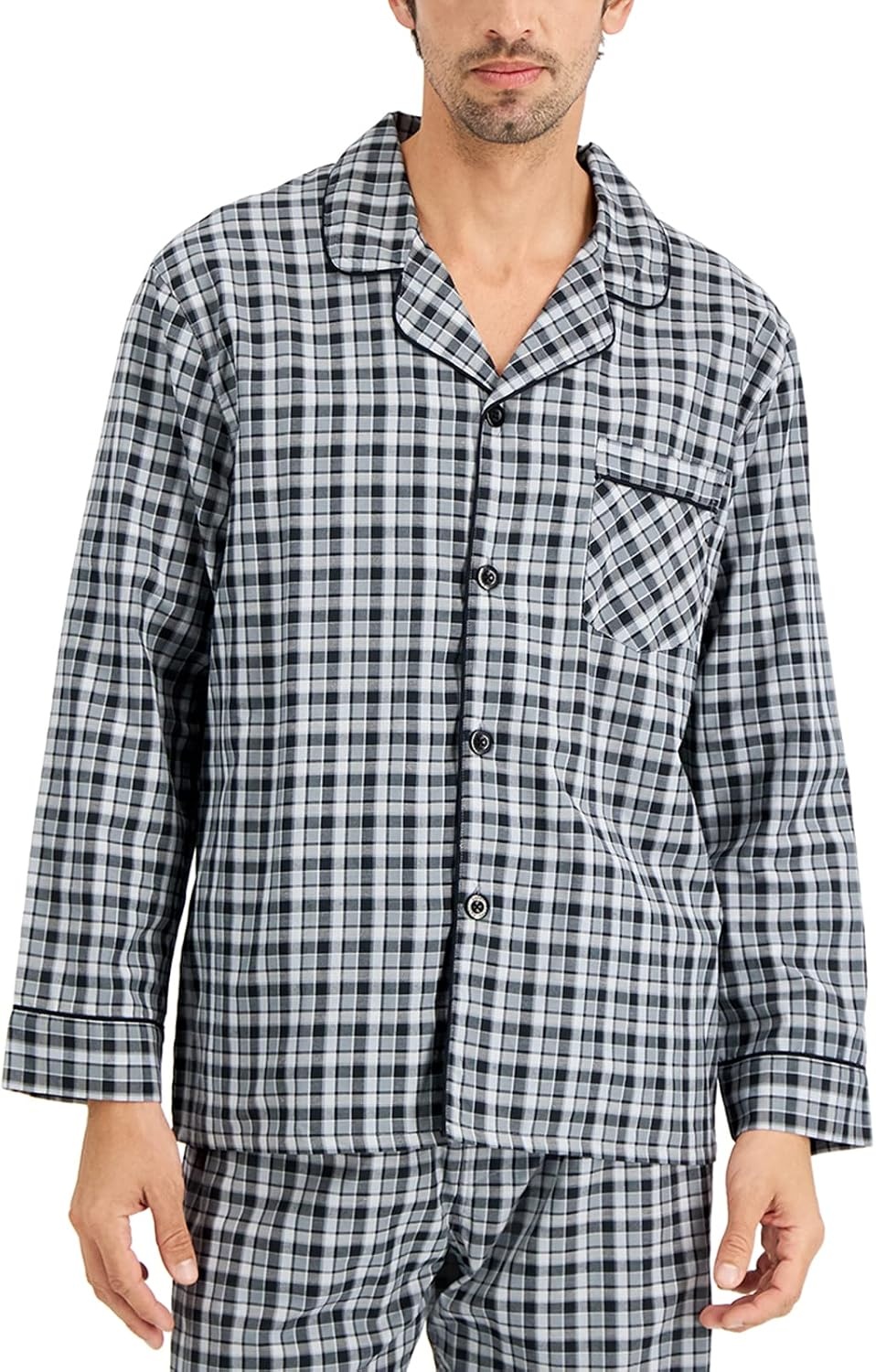 image:imageHanes Mens Woven PlainWeave Pajama SetBlackGrey Plaid