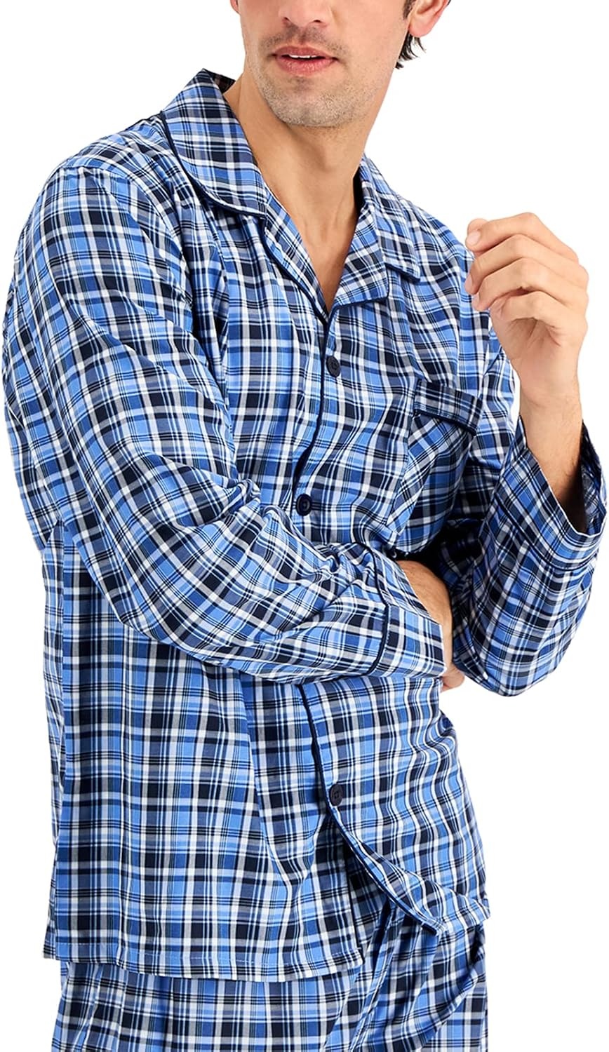image:imageHanes Mens Woven PlainWeave Pajama SetBlue Green Plaid