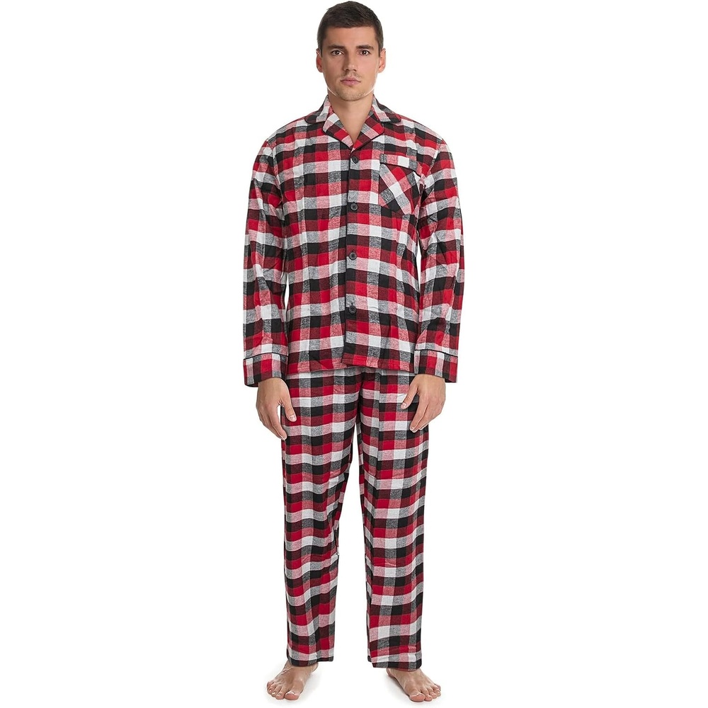 image:imageHanes Mens 100 Cotton Flannel Plaid Pajama Top and Pant Set Long Sleeve Button DownRed Buffalo