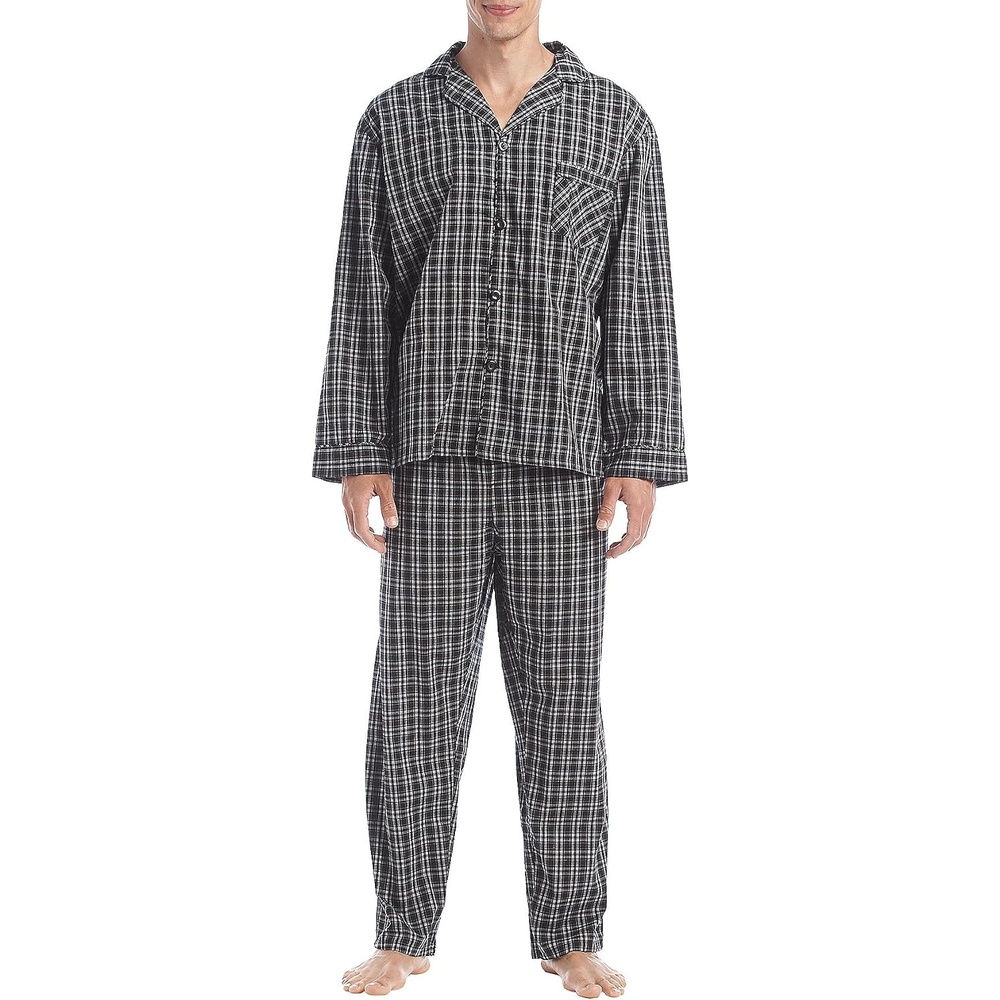 image:imageHanes Mens Woven PlainWeave Pajama SetBlack Plaid