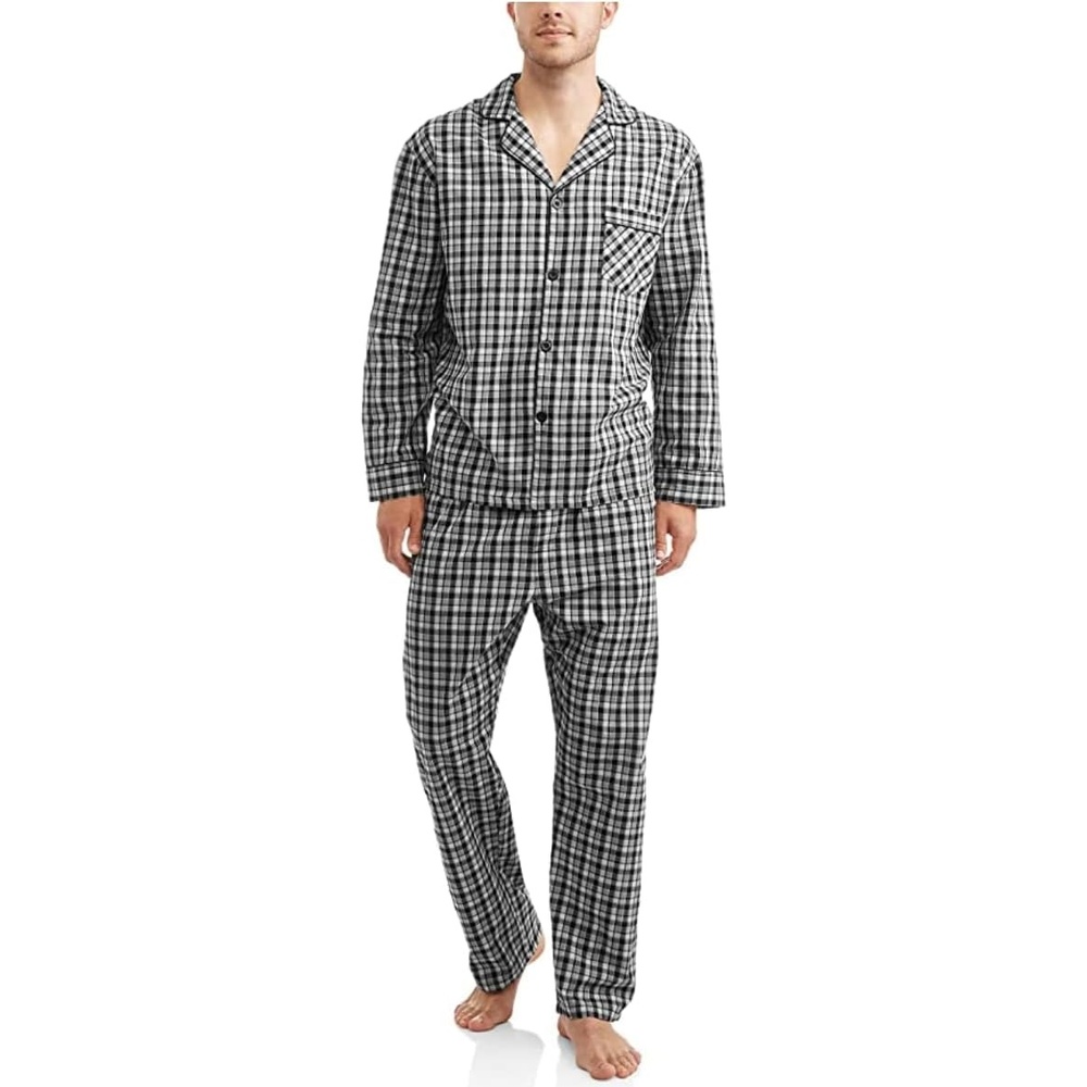 image:imageHanes Mens Woven PlainWeave Pajama SetBlackGrey Plaid