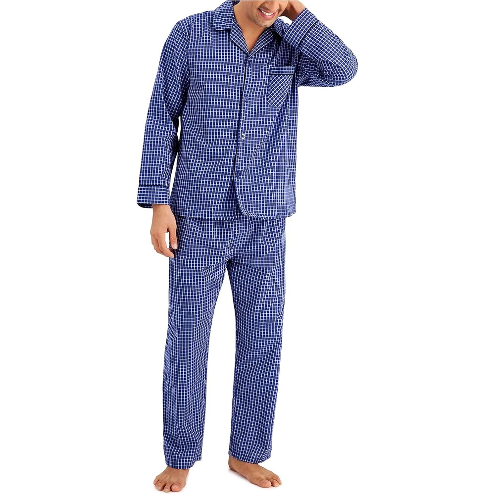 image:imageHanes Mens Woven PlainWeave Pajama SetBlue Checkered