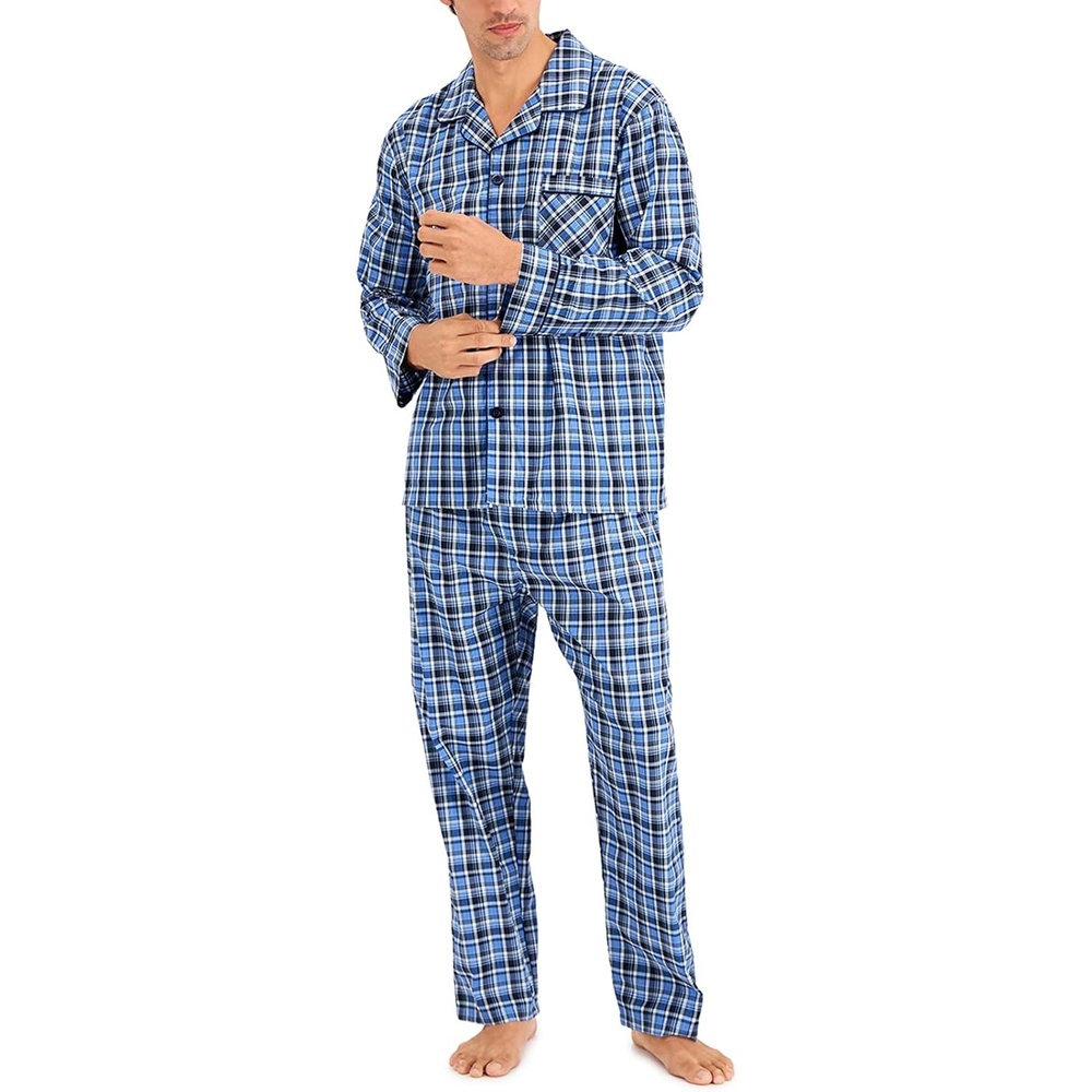 image:imageHanes Mens Woven PlainWeave Pajama SetBlue Green Plaid