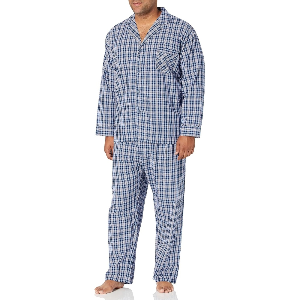 image:imageHanes Mens Woven PlainWeave Pajama SetBlue Plaid