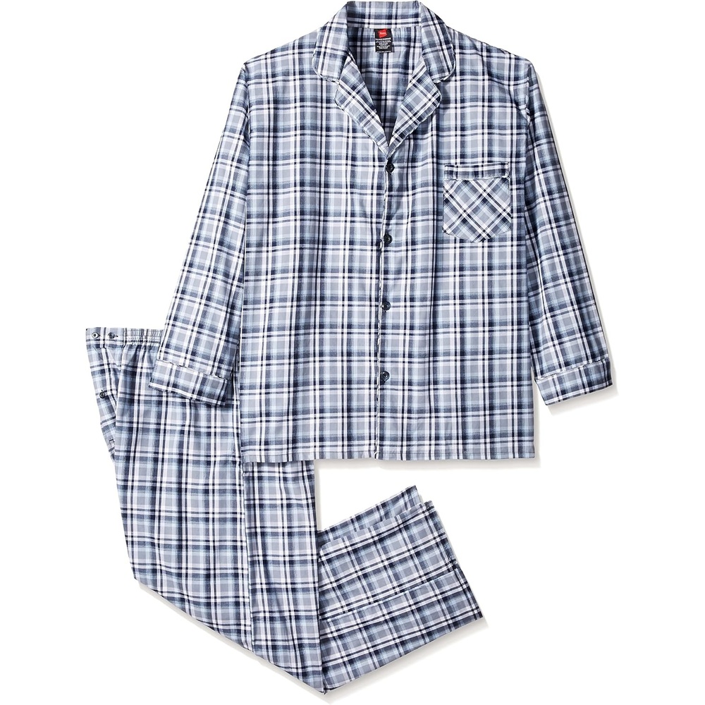 image:imageHanes Mens Woven PlainWeave Pajama SetGreyWhite Plaid