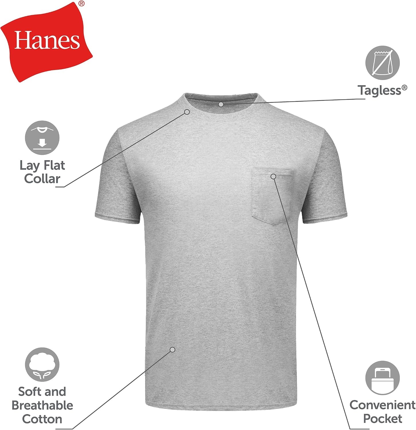 image:imageHanes Mens Pocket TShirt Undershirts 6Pack Cotton Tees Cool breathable amp staytucked Cotton Pocket TShirt 6pack for men with odor protection and Cool Comfort moisture wickingGrey Heather Black White Navy Blue Heather