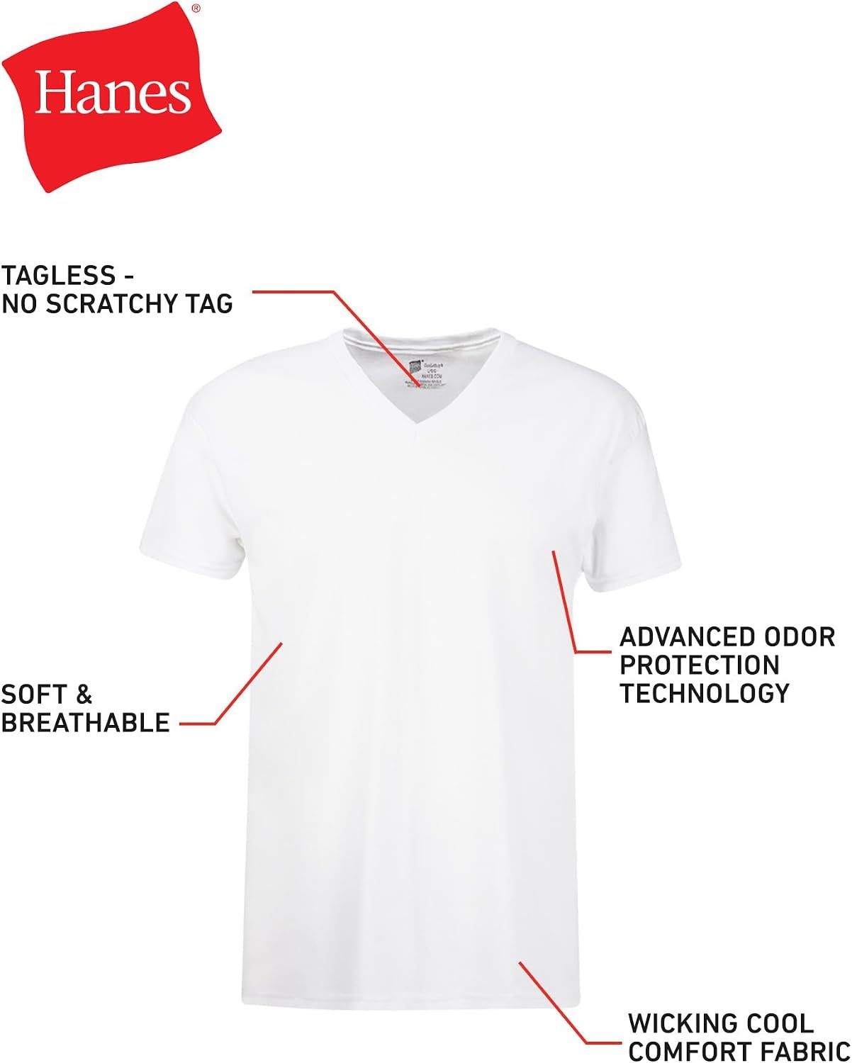 image:imageHanes Mens Undershirts TShirt Pack VNeck Cotton Tees for Men MoistureWicking Odor Control White MultiPackWhite 6 Pack