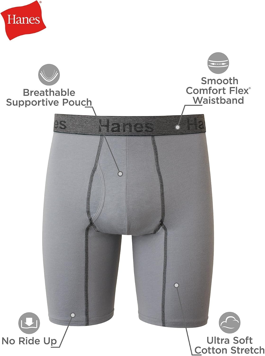 image:imageHanes Mens Underwear Boxer Briefs or LongLeg Boxer Briefs Pack 3 Pack NoRideUp StretchCotton Men ClothingNavyGreyBlack Long Leg Briefs