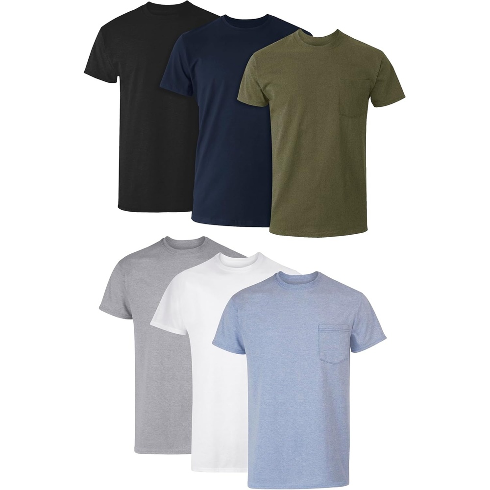 image:imageHanes Mens Pocket TShirt Undershirts 6Pack Cotton Tees Cool breathable amp staytucked Cotton Pocket TShirt 6pack for men with odor protection and Cool Comfort moisture wickingGrey Heather Black White Navy Blue Heather