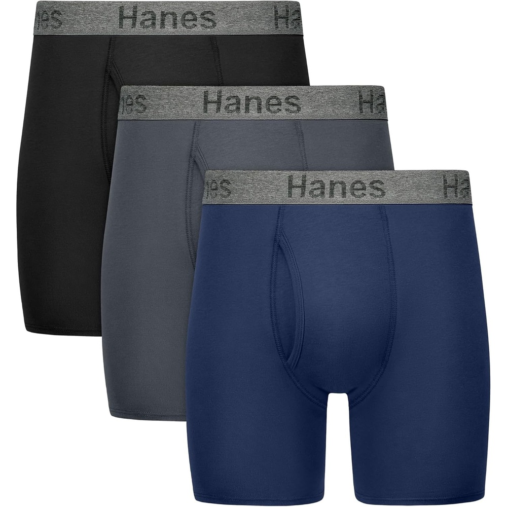 image:imageHanes Mens Stay Dry Pouch Boxer Briefs Performance Stretch Boxer Brief With Leak Protection 3packBlack Grey Navy Blue