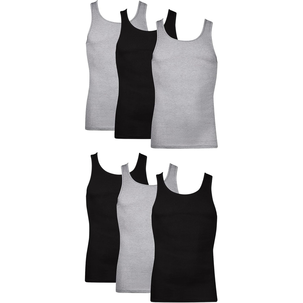 image:imageHanes Mens Tank Undershirt Pack Cotton Tank Undershirt MoistureWicking Breathable White or GreyBlack MultiPackBlackGrey 6 Pack