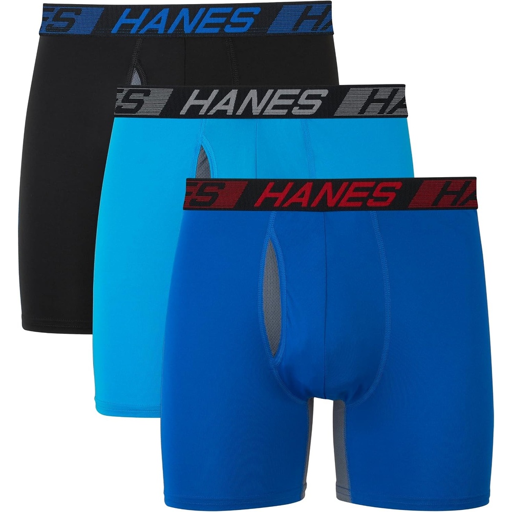image:imageHanes Mens Underwear Boxer Briefs Pack 3Pack Total Support Pouch Long or ShortLeg Boxer BriefsAwesome BluePalatinate BlueBlack