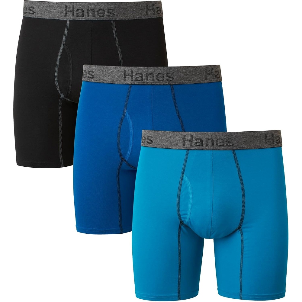 image:imageHanes Mens Underwear Boxer Briefs or LongLeg Boxer Briefs Pack 3 Pack NoRideUp StretchCotton Men ClothingBlueBlack Long Leg Briefs