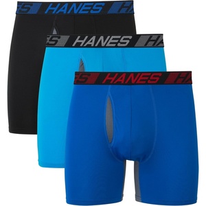 Hanes Men’s Underwear Boxer Briefs Pack, 3-Pack, Total Support Pouch, Long or Short-Leg Boxer Briefs(Awesome Blue/Palatinate Blue/Black)