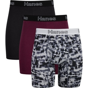 Hanes Men’s Underwear Boxer Briefs or Long-Leg Boxer Briefs Pack, 3 Pack, No-Ride-Up, Stretch-Cotton Men Clothing(Black/Cranberry Concrete – 3-pack – Long Leg Briefs)