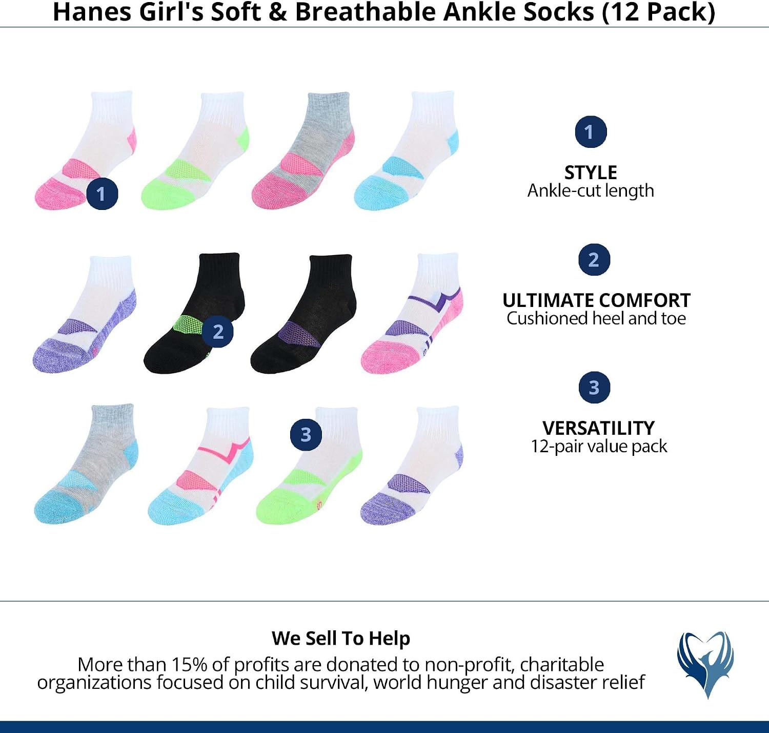 image:imageHanes Girls Socks Cool Comfort Moisturewicking Socks Ankle amp No Show Ez Sort Multi PackWhiteGreenPurple Ankle 12 Pack