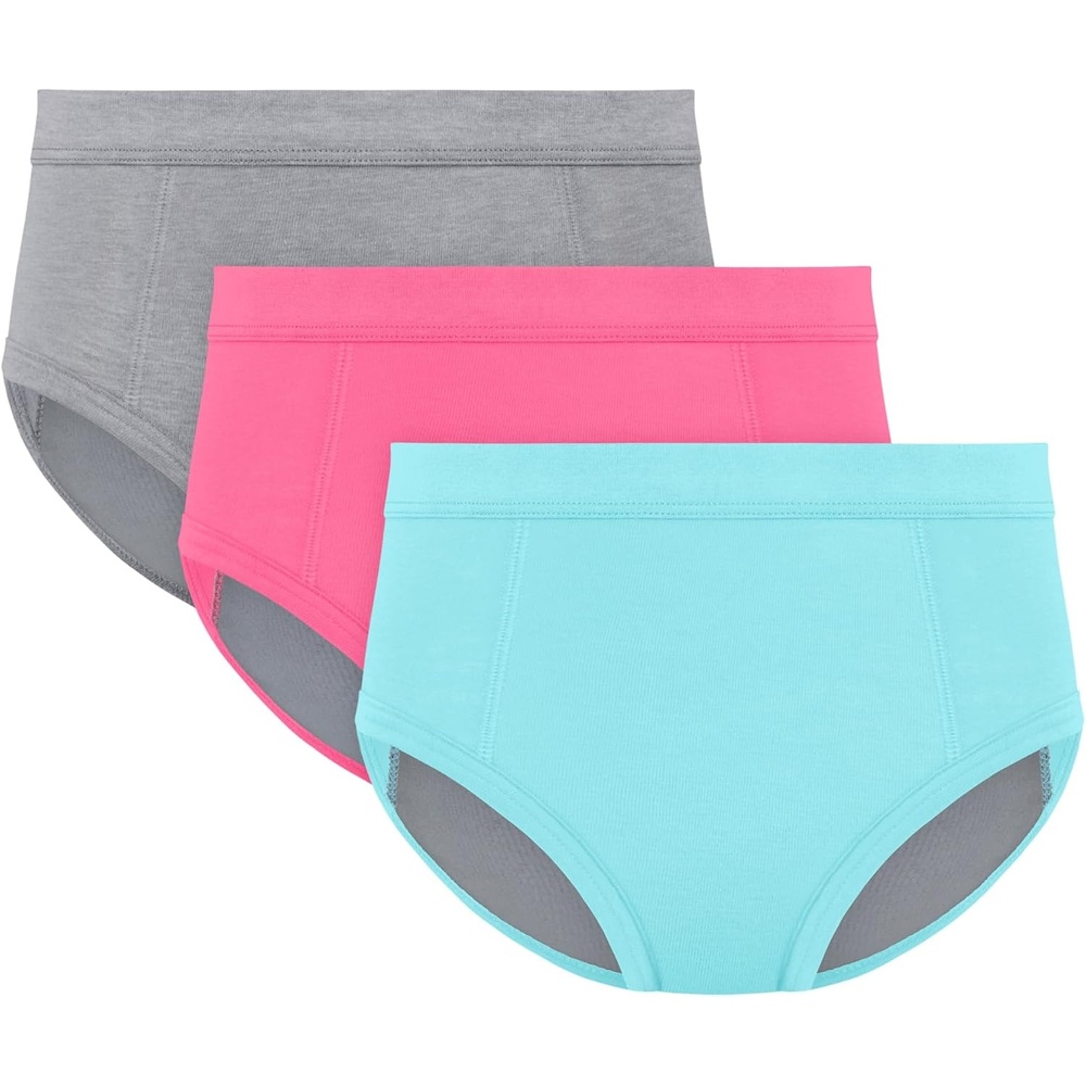 image:imageHanes Girls Absorbency Briefs Underwear 3 Pairs Confident Nights Cotton Overnight Underwear for GirlsGreyAquaPink